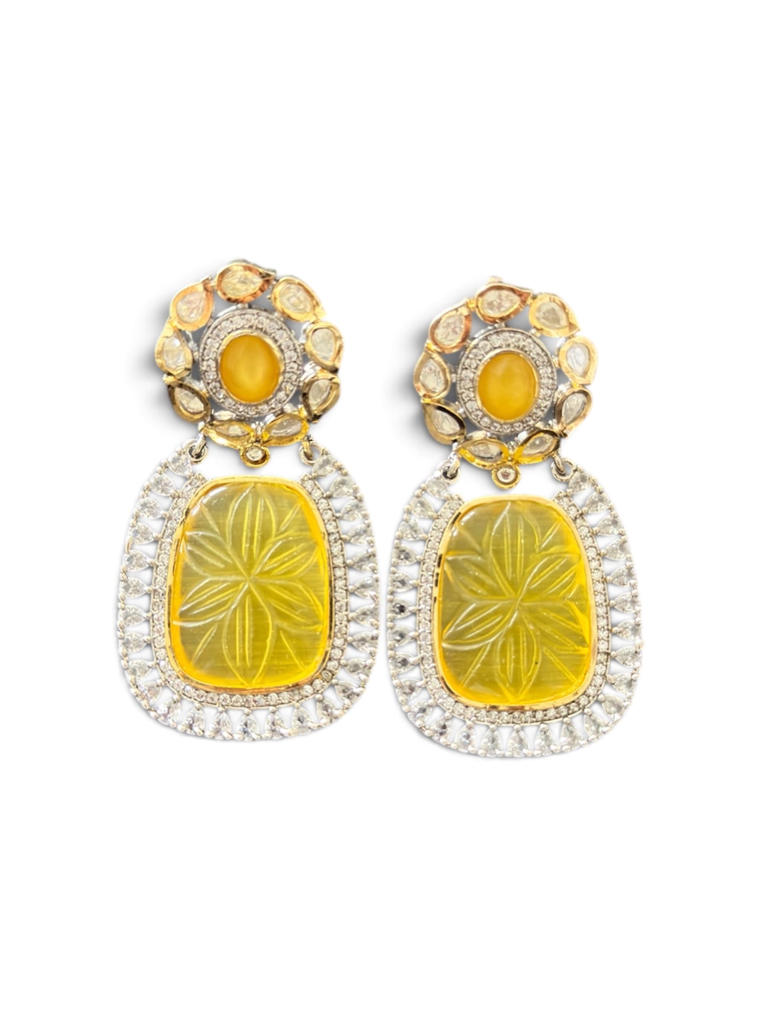 Noor – Yellow Carved Stone Statement Earrings