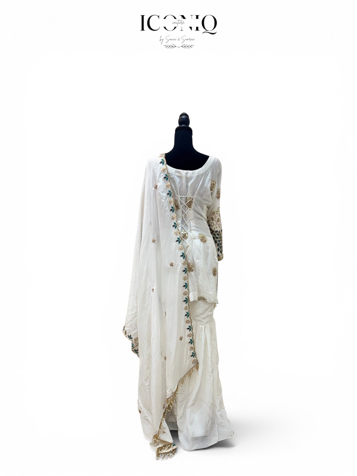 White Crape Suit with Peacock Embroidery