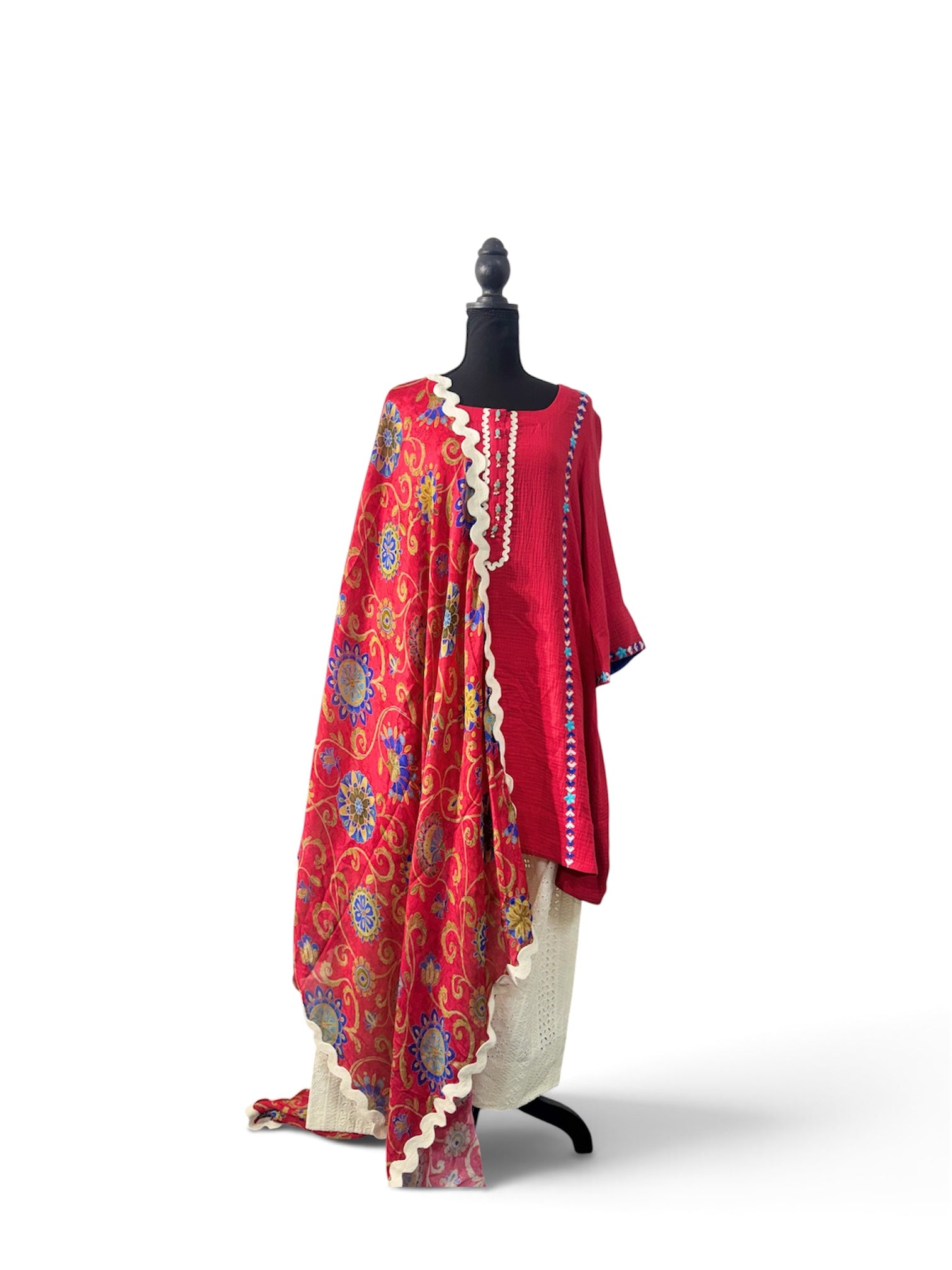 Gulnaar – Red Embroidered Three-Piece Ensemble