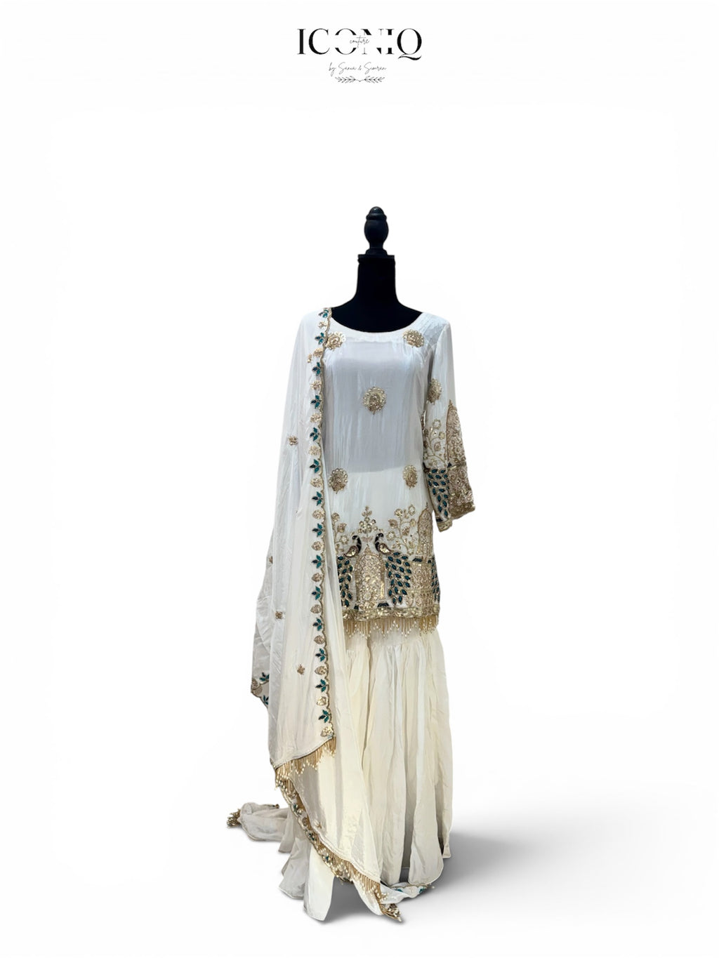 White Crape Suit with Peacock Embroidery