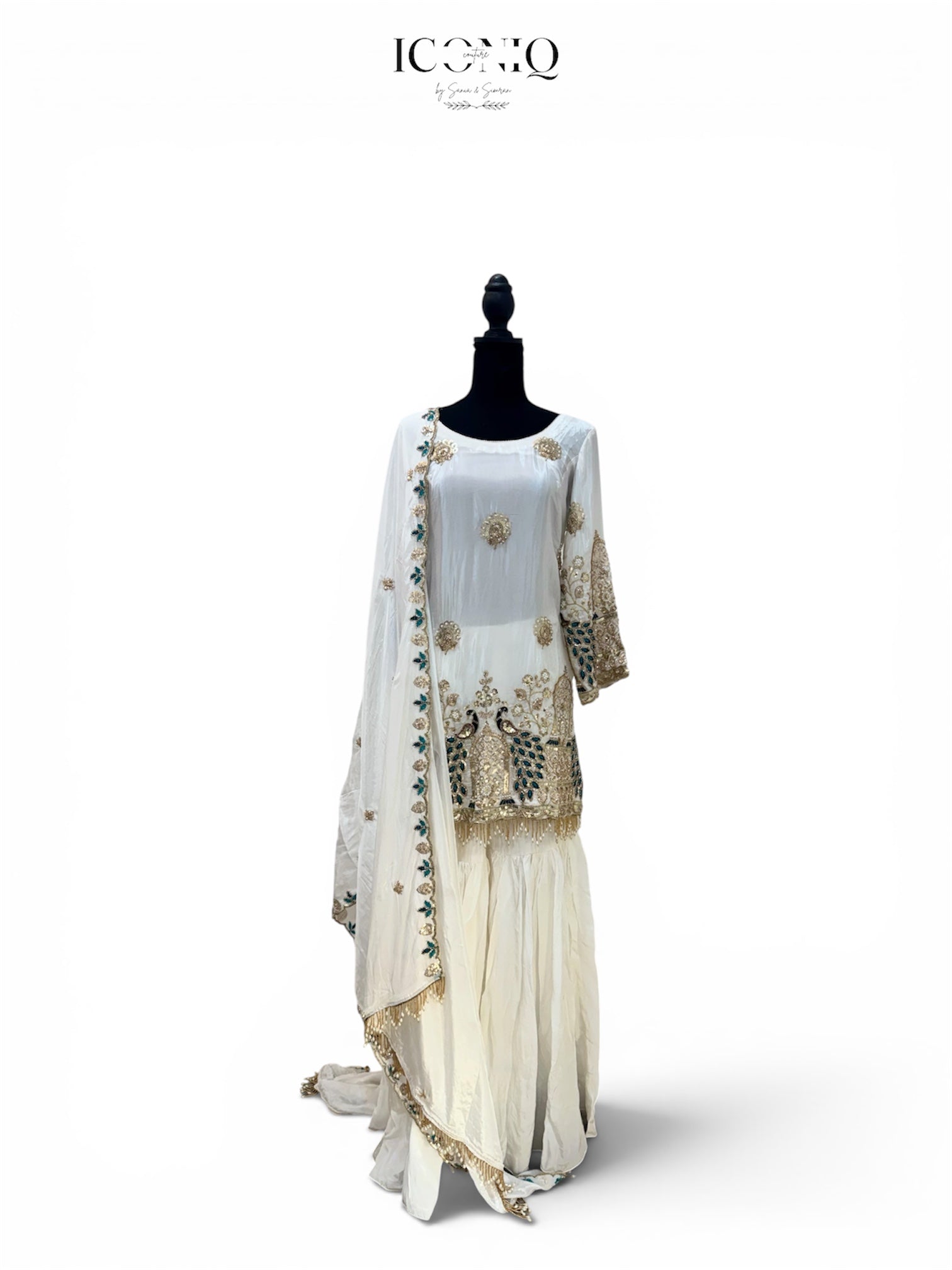 White Crape Suit with Peacock Embroidery