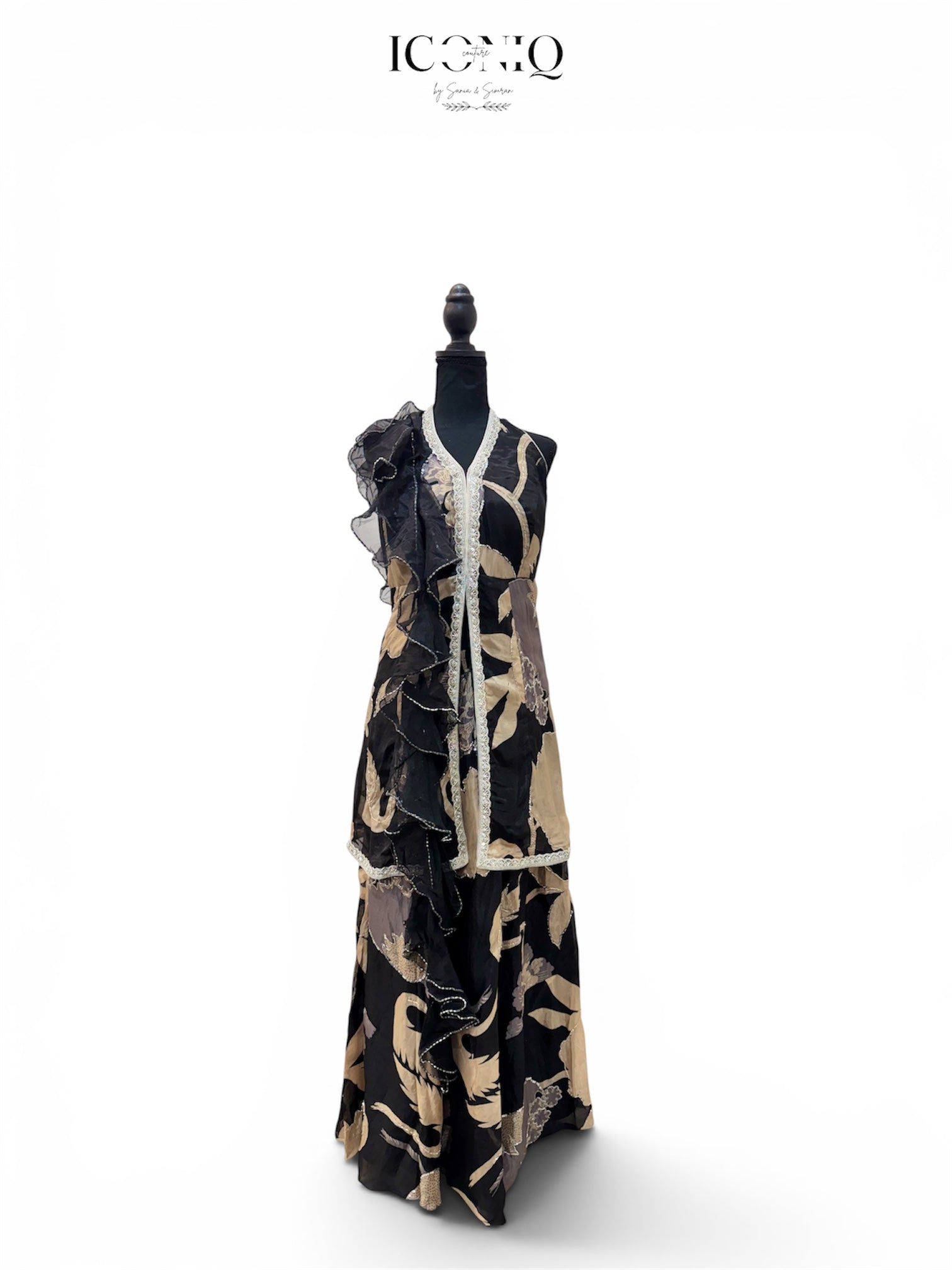 Black & Gold Silk Peplum Sharara Set