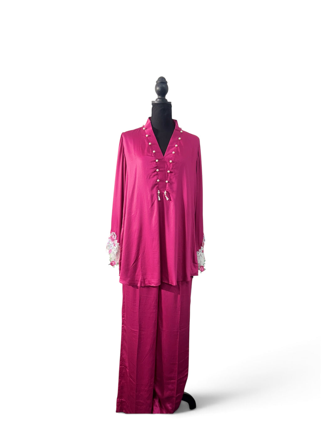 Meher – Fuchsia Pearl & Floral Lace Co-Ord Set