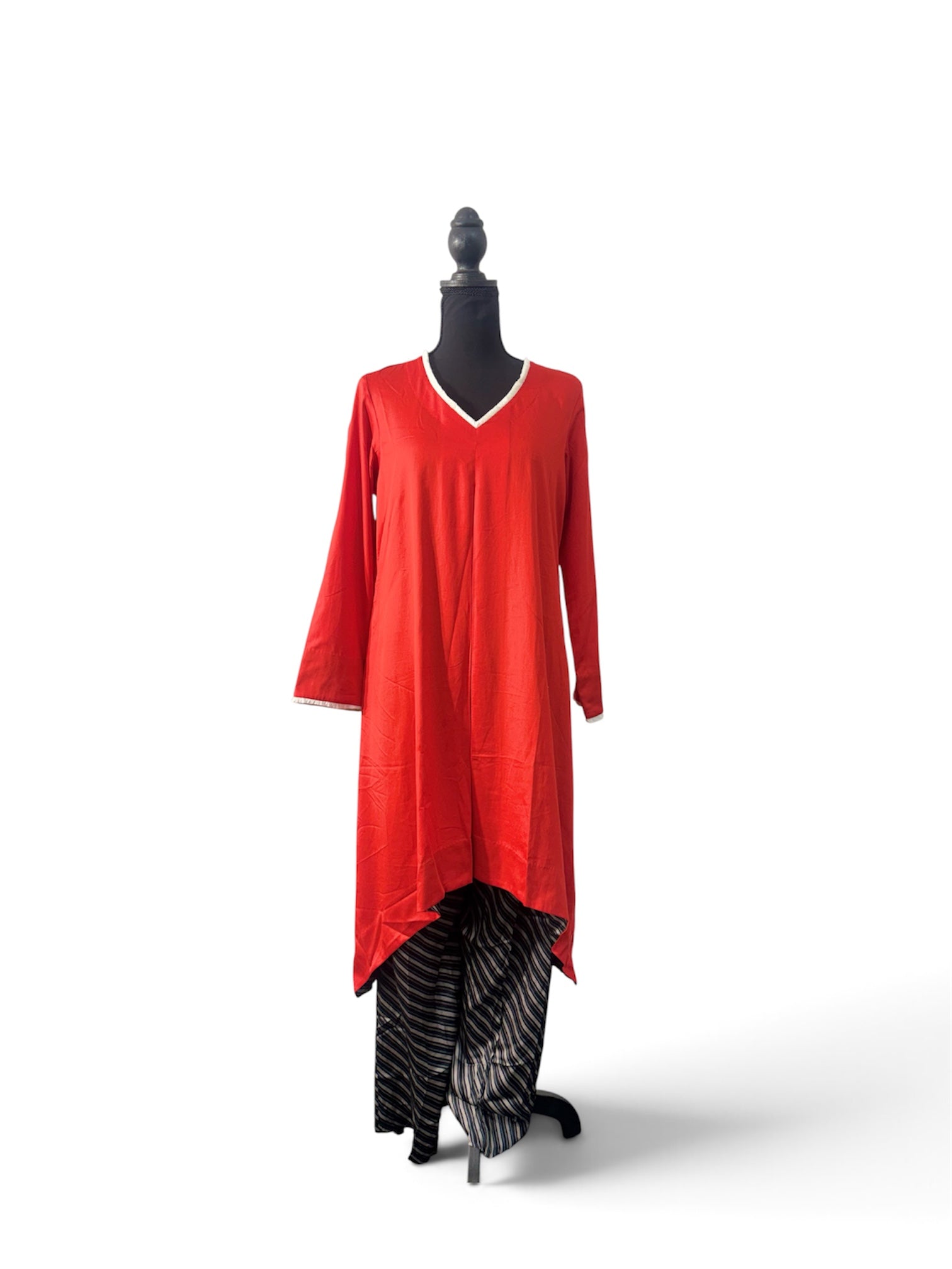 Zoya – Scarlet Asymmetric Kurta & Striped Salwar Set