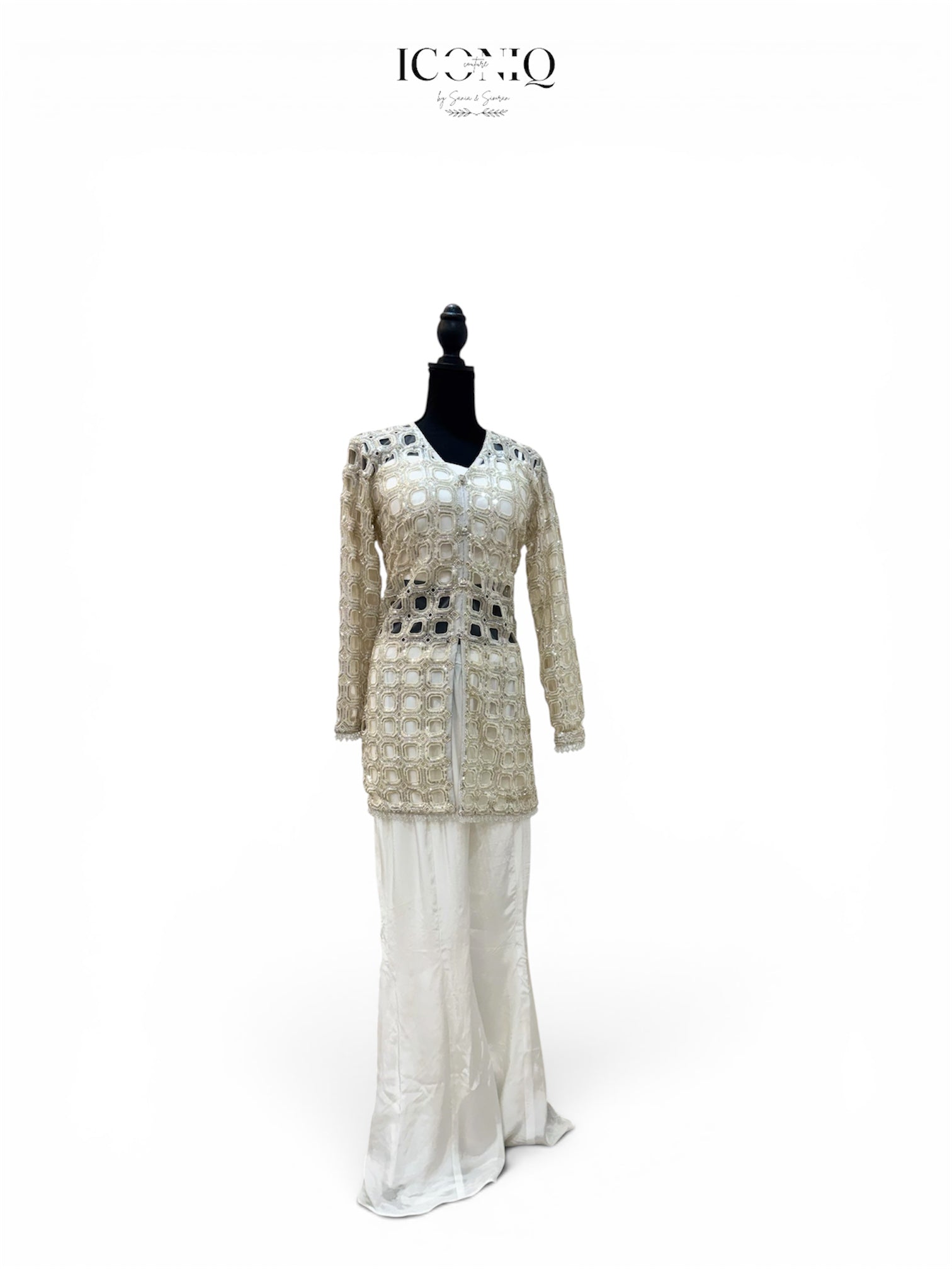 White Mirror Work Tube Top & Bell Bottom Set